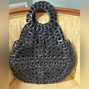 Black braided leather Patricia Nash Ticci flap over crossbody bag + loop handles